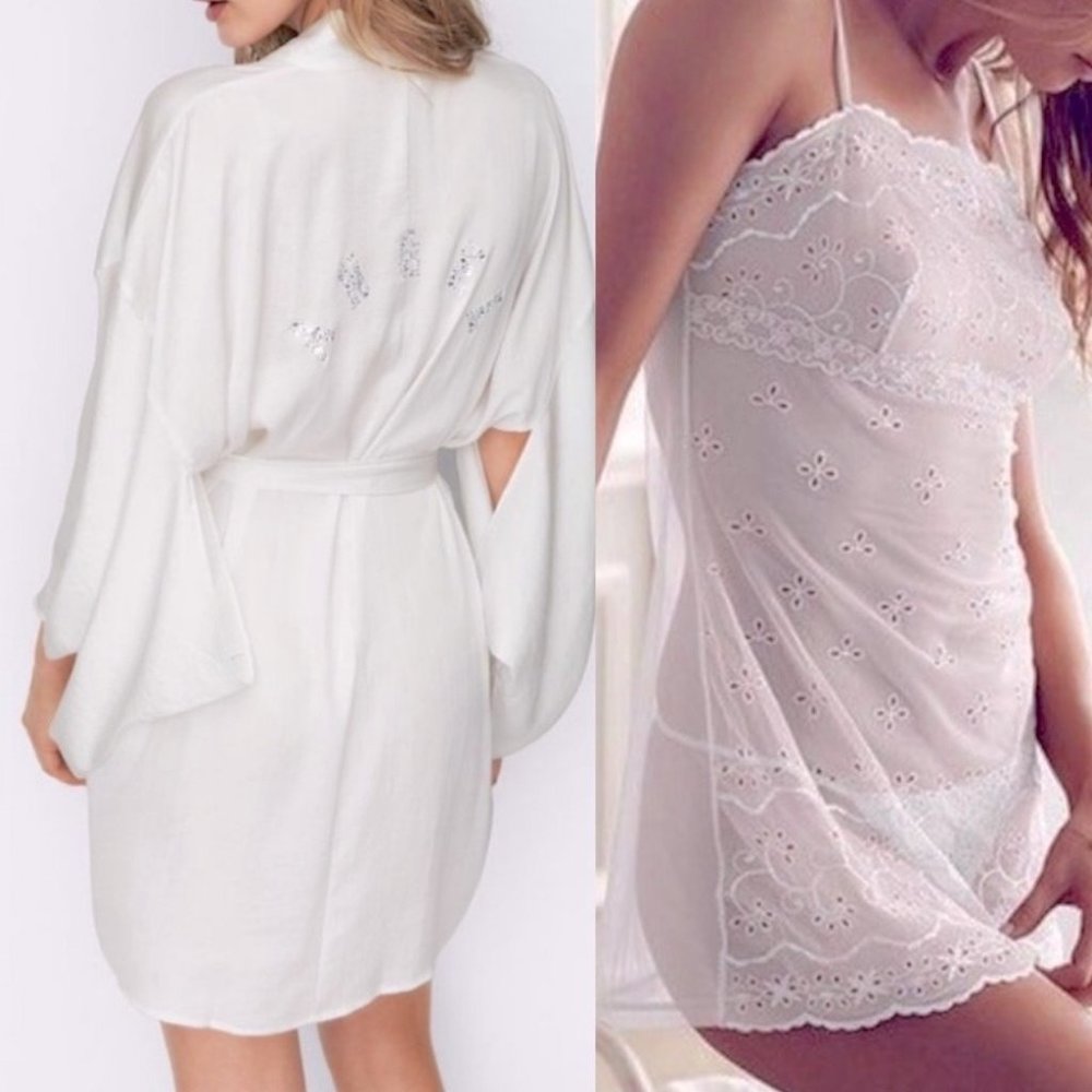 2 Piece Matching Set: M/L Robe + Medium Slip Nighty Night Gown Silky Satin Lace
